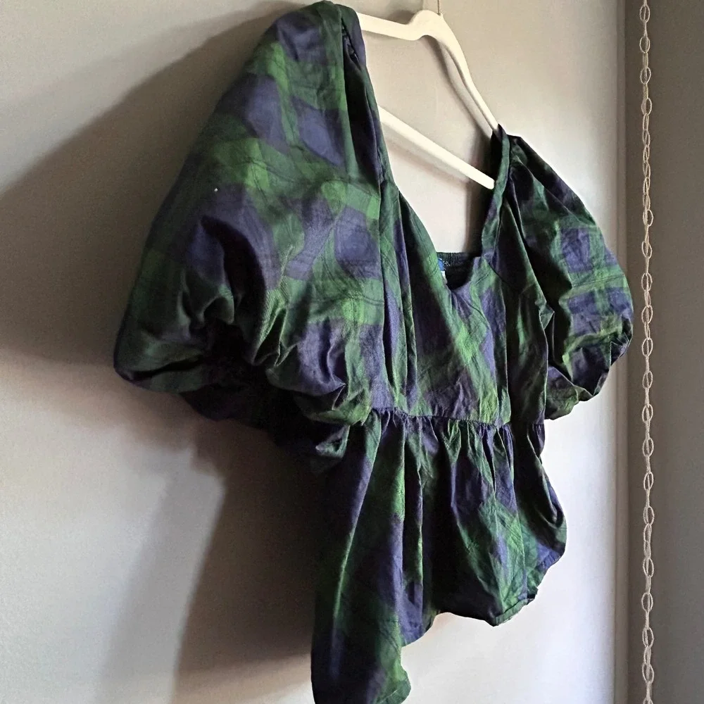 Old Navy Womens XL Green Navy Plaid‎ Puff Sleeve Smocked Peplum Blouse Top